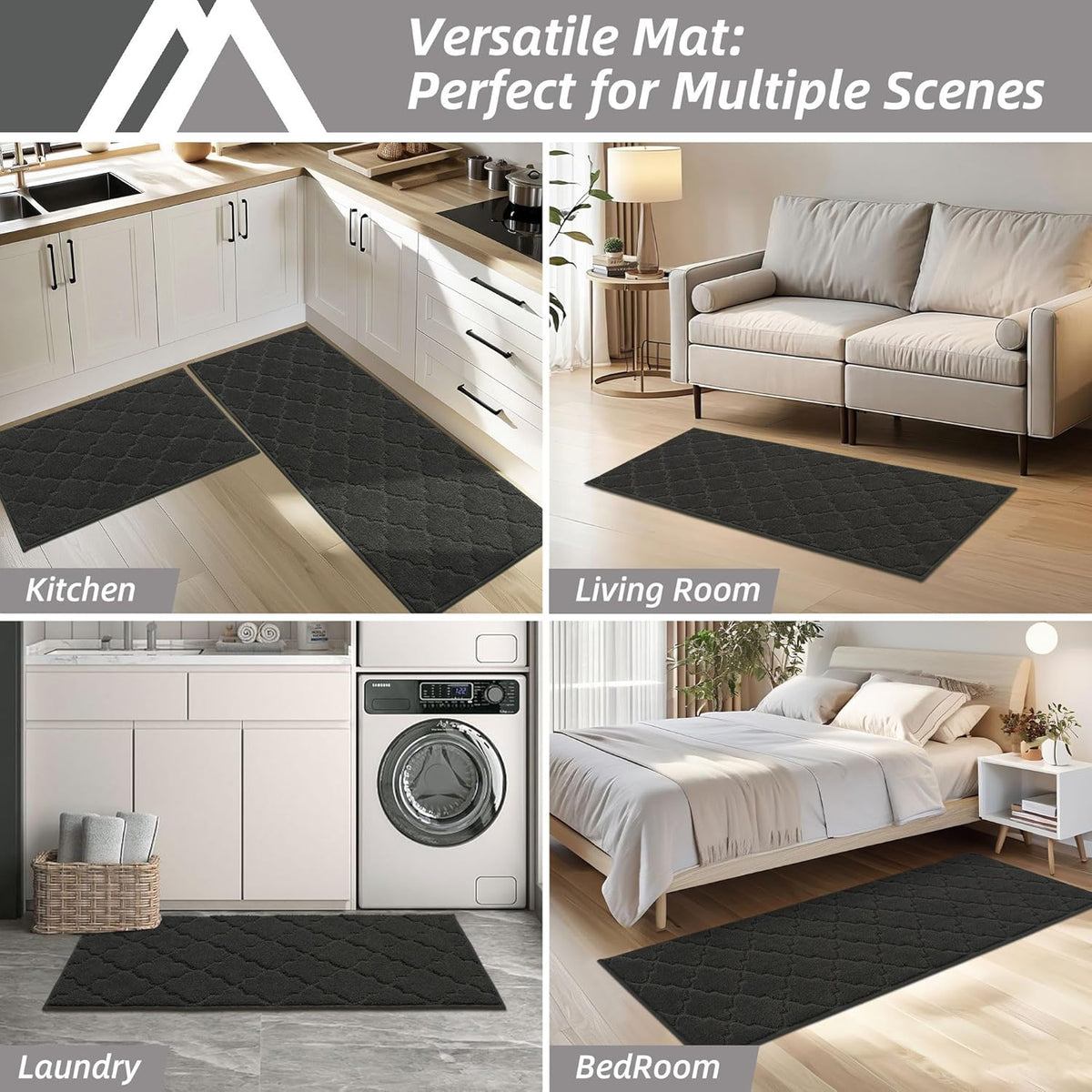 COSY HOMEER Soft Kitchen Rugs and Floor Mats for in Front of Sink Super Absorbent 20"x59" Non-Skid Standing Washable,Polyester,Black