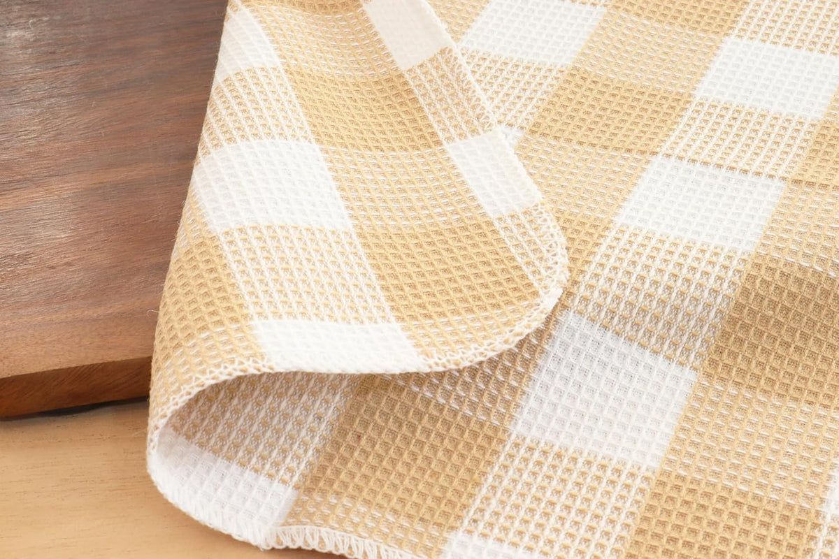 Waffle Weave Plaid Dish Cloths, 100% Cotton - 12 x 12 Inches, Ultra Soft Absorbent Quick Drying Dish Towels Buffalo Check Dish Rags for Kitchen, 6 Pack - Spring Summer - Beige and White