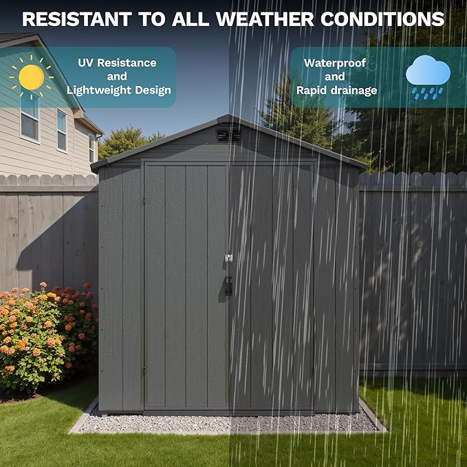 Devoko 6x10 FT Plastic Storage Shed, Outdoor Resin Garden Shed with Floor, Waterproof Tool Storage Shed with Lockable Door and Window for Patio, Garden, Backyard, Dark Gray