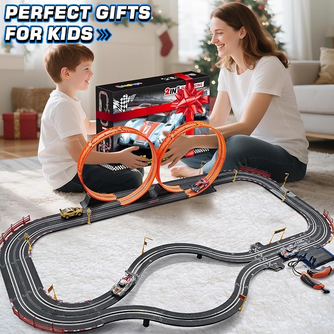 Boy Toys Gifts for 6 7 8-12 Years Old, Slot Car Race Track Sets with 4 Slot Cars, Battery or Electric Car Track for Boys, Dual Racing Game Lap Counter Circular Overpass Track Gifts for Kids