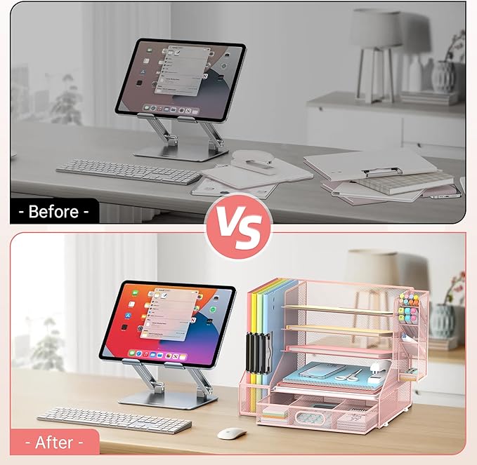 DALTACK Mesh Desk Organizer, 5-Tier Paper Letter Tray with File Holder & Pen Holder & Sliding Drawer, Desktop Organizer and Storage for Desk Accessories Office Supplies, Pink