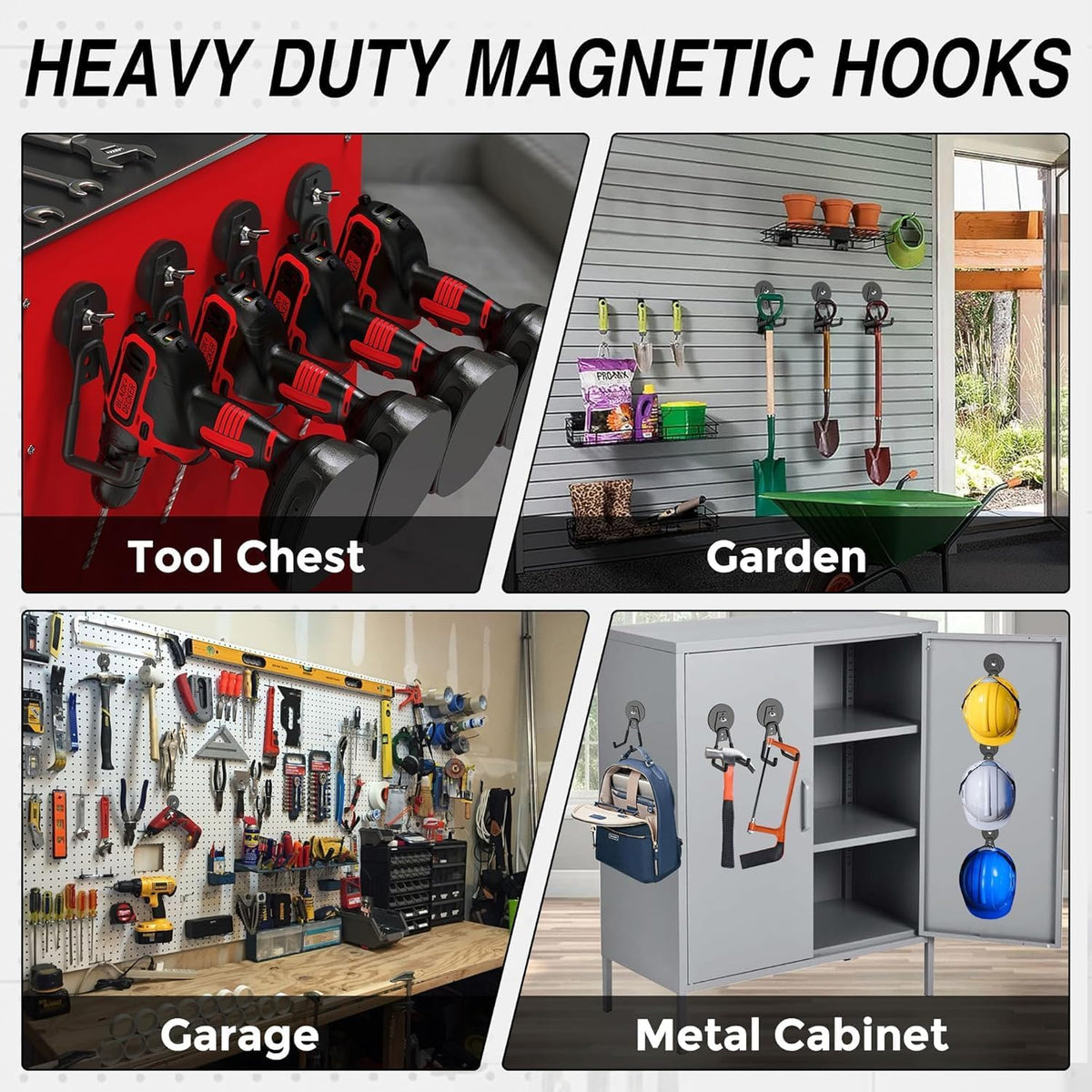12 Pcs Magnetic Hooks Heavy Duty, Large Strong Magnetic Storage Hook for Hanging Garage Tool, 66mm Magnet Hooks with Anti-Slip Coating, Magnetic Holder for Power Drill/Metal Cabinet/Garden Tools