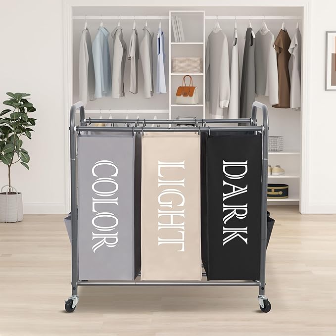 STORAGE MANIAC 3 Section Laundry Sorter, 35.9 Gal (136 L) Laundry Hamper Cart with Heavy Duty Rolling Lockable Wheel and Removable Bag, Clothes Organizer Basket Clothes Separator Hamper, Multicolored