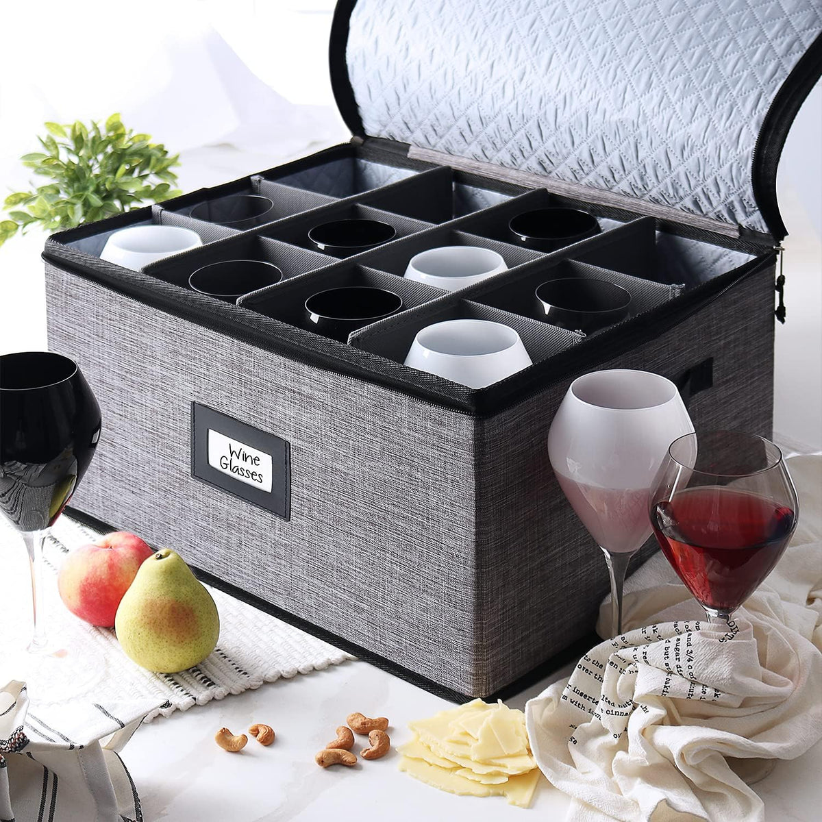 Wine Glass Storage Box with Dividers, 2 Pack Stackable Stemware Storage Cases, Service of 12 Glassware Storage Containers, Quilted China Storage Containers Hard Shell for Moving and Seasonal Storage