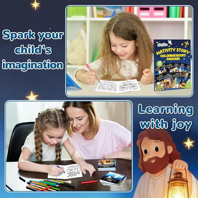 gisgfim 48 PCS Mini Christian Nativity Story Coloring Books Bulk Nativity Coloring Books for Kids bulk Religious Christmas Party Favors for Goodie Bag Gift Filler Religious Party Supplies Crafts