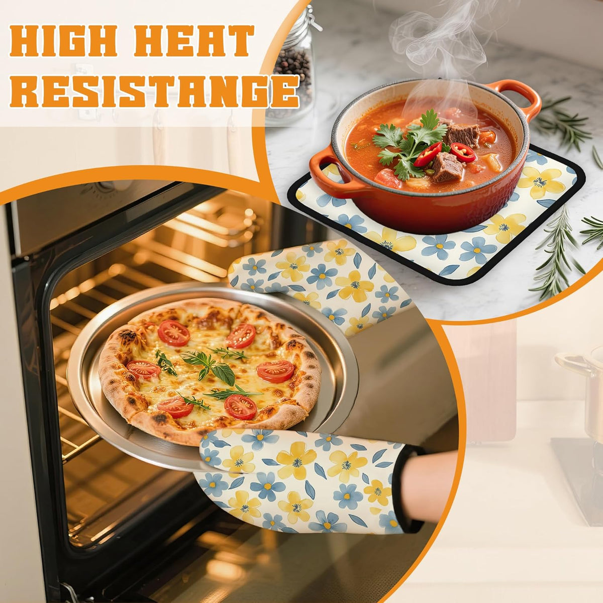 Cute Floral Oven Mitts and Pot Holders,Yellow Blue Flower Heat Resistant Oven Mitts Gloves and Pot Holder for Home Kitchen Decorations Cooking Baking BBQ Gifts,Set of 4