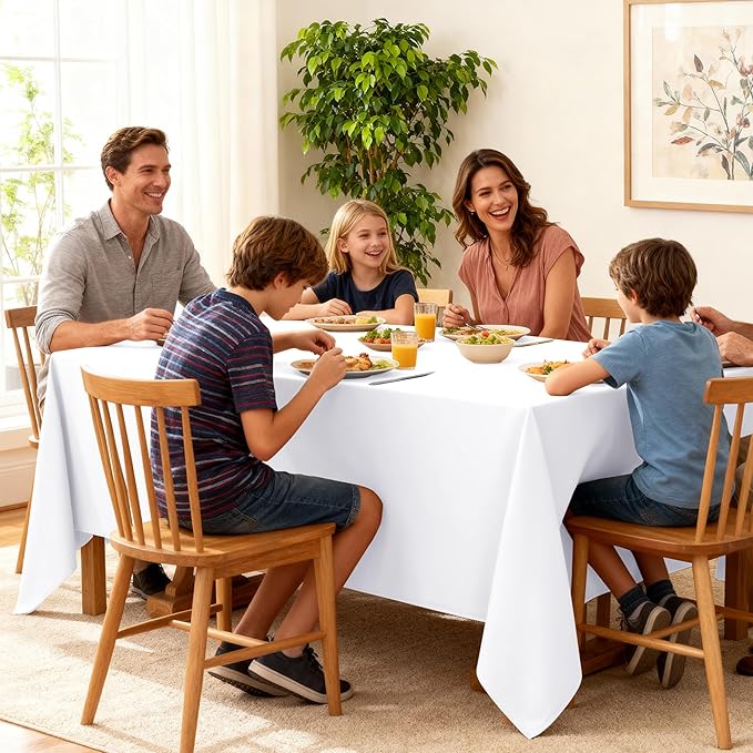 6-Pack White Tablecloths for Rectangle Tables, 90 x 132 Inches, Stain-Resistant Polyester Fabric for 8 Foot Tables - Washable Table Covers for Weddings, Banquets, Birthday Parties, Events