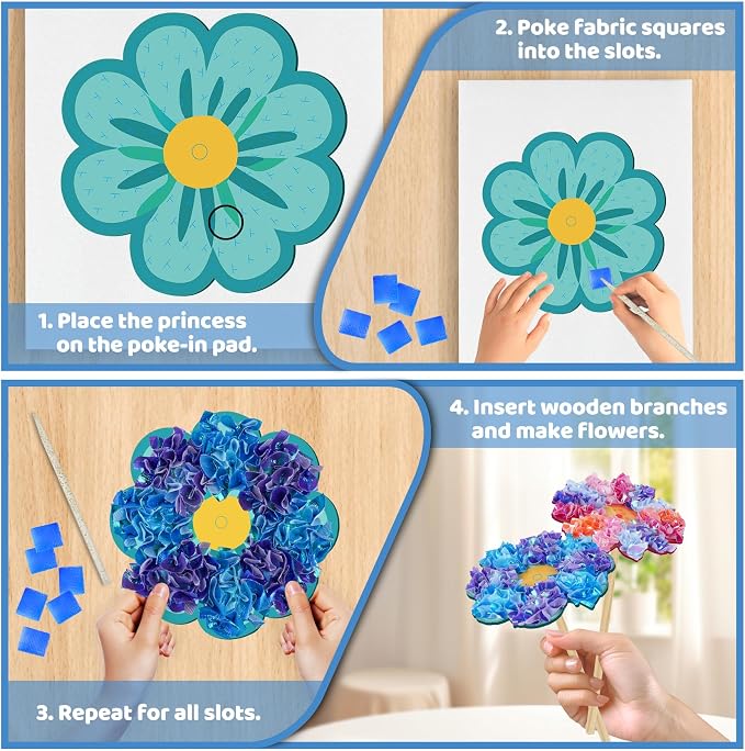 ATFUNSHOP 8 Packs Poke in Crafts Art Kits Flower Bouquets, Mess Free Kids' Paper Craft Kits Activity, 4 5 6 7 8 9 Years Old Girls Birthday Gifts