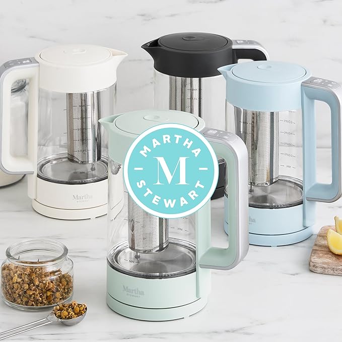 Martha Stewart Electric Kettle with Removable Stainless Steel Tea Infuser, Glass Carafe 1.7L (7 Cups), Hot Water Boiler, 4 Presets, Keep Warm & Auto Shut-Off, Cordless 360° Swivel Base, Honeydew Green