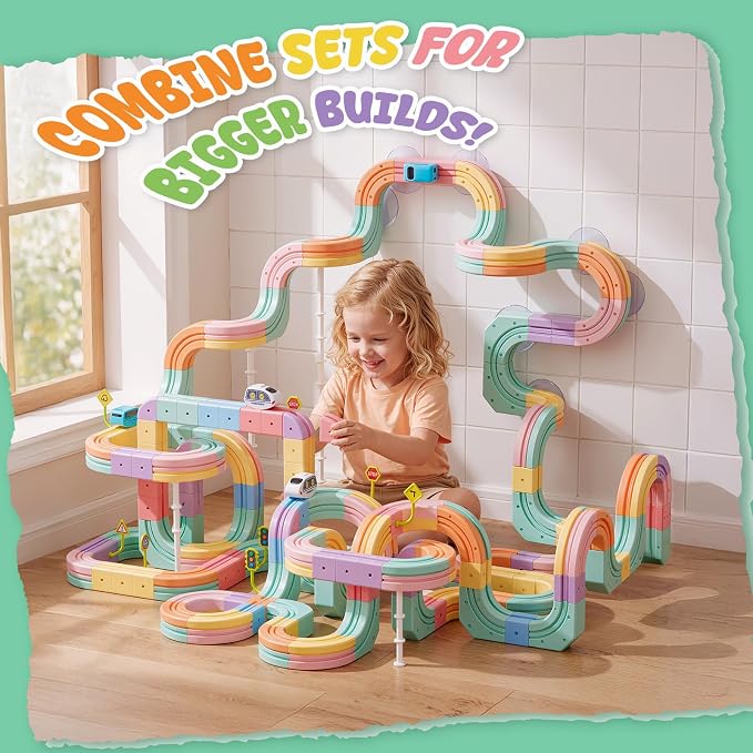 Hot Bee Electric Train Set for Kids, Gravity-Defying 3D Train Track Set with 93PCS Flexible Snap-On Tracks, USB Rechargeable Motorized Car, STEM Building Toy Birthday Gifts for Boys Girls 3 4 5 6 7 8+