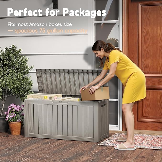 Outdoor Storage Box, 75 Gallon Waterproof Resin Deck Box, Storage Bin for Package Delivery, Patio Furniture Cushion, Garden Tools, Pool Accessories, Weatherproof and UV Resistant, Grey