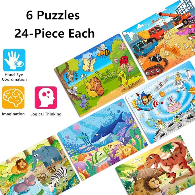 Puzzles for Kids Ages 3-5, 24 Piece Colorful Wooden Puzzles for Toddler Children Learning Educational Puzzles Toys for Boys and Girls (6 Packs)