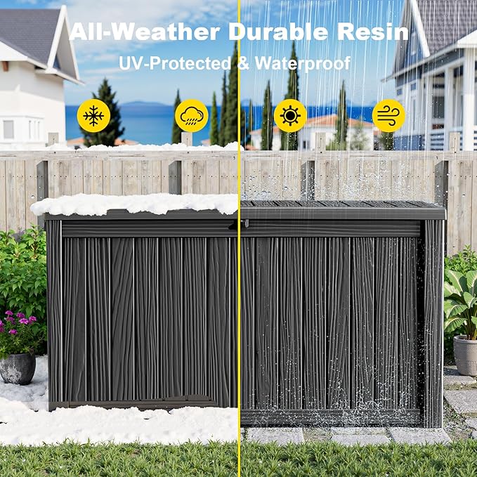 200 Gallon Waterproof Outdoor Storage Box, UV Resistant Resin Deck Box with Hydraulic Rod for Reinforced Stability, Perfect for Patio, Garden, and Pool(Black,200 Gallon)