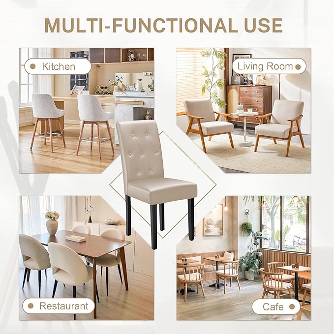 Furmax Ergonomic Dining Chairs Set of 4, PU Leather Dinning Room Chairs, Button Tufted Kitchen Chairs with Adjustable Wood Legs for Kitchen Living Room (Leather Beige, 4)