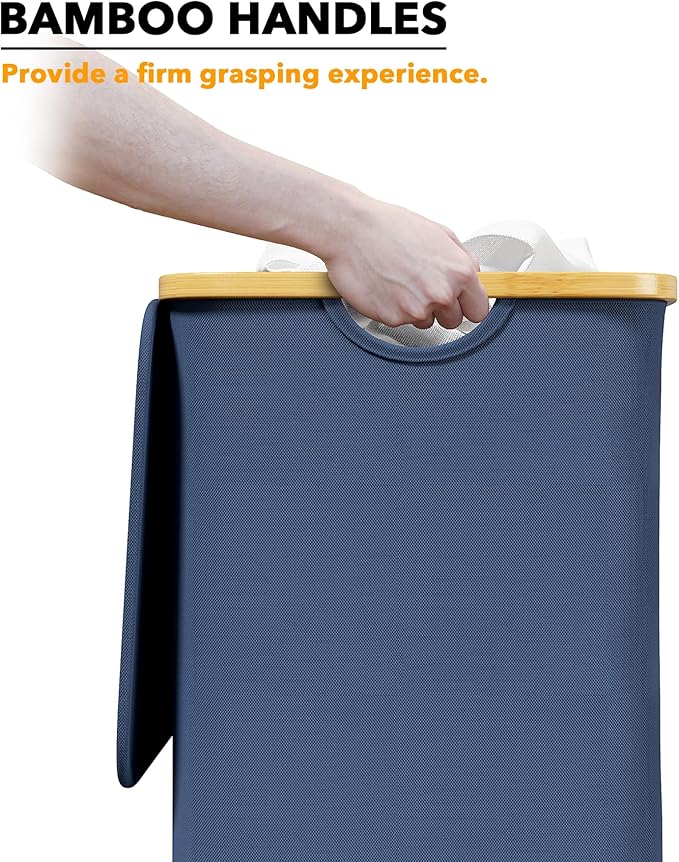 SpaceAid Laundry Hamper with Lid, 110L Large Tall Clothes Basket Bin with Bamboo Handles, Collapsible Laundry Hamper for Bedroom, Bathroom, Dorm, Laundry Room - Blue