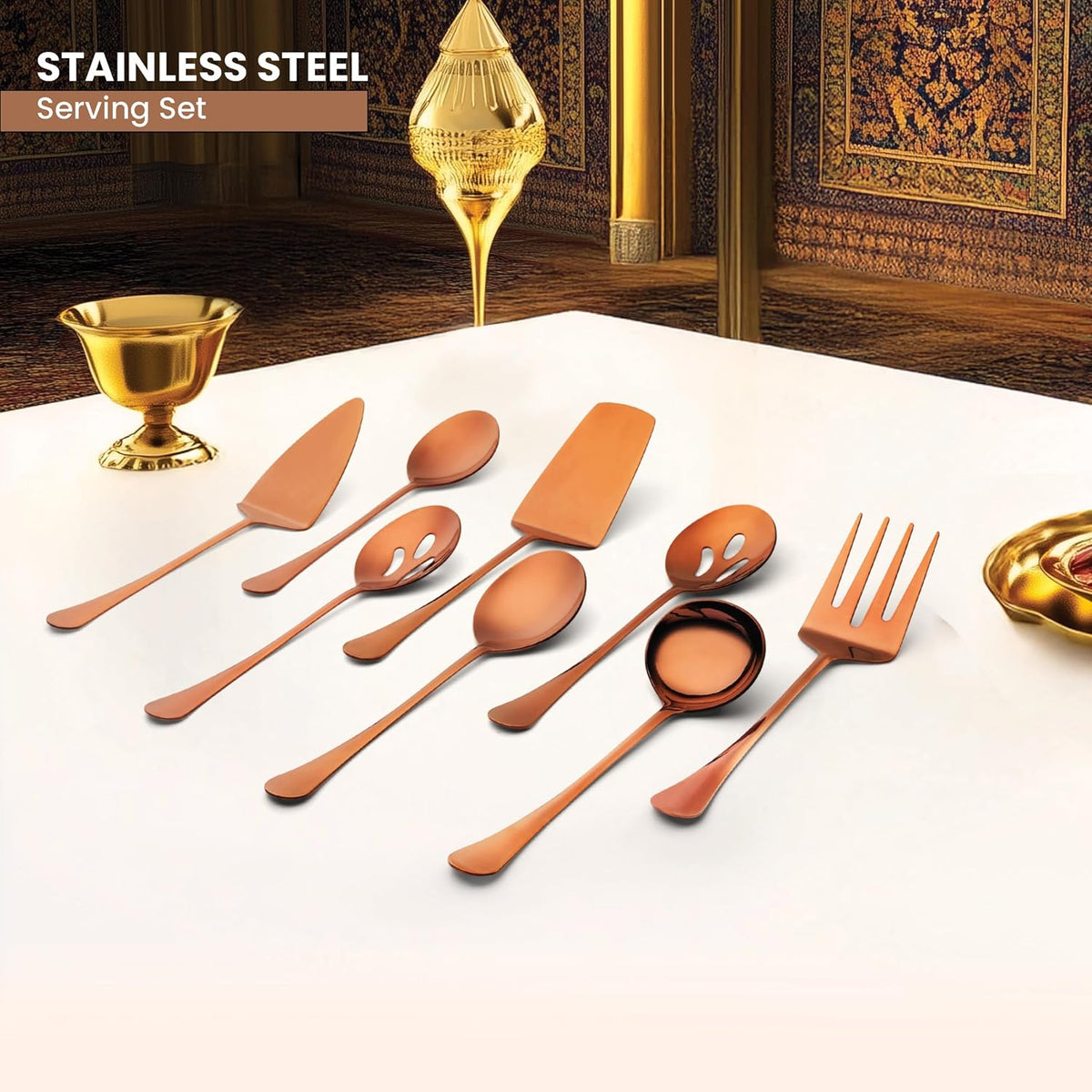 Avador® Premium Set of 8 Stainless Steel Hostess Serving Utensil Tool Set for Weddings | Buffer | Party | Kitchen | Restaurants (Rose Gold Plated)