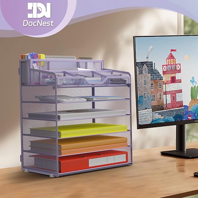 Docnest 6 Tier Mesh Desk Organizer for Paper Office Supplies – Multi-Functional Letter Tray with 5 Adjustable Compartments, 3 Pen Holders, Desktop Storage for Files, Mail, Stationery – Purple