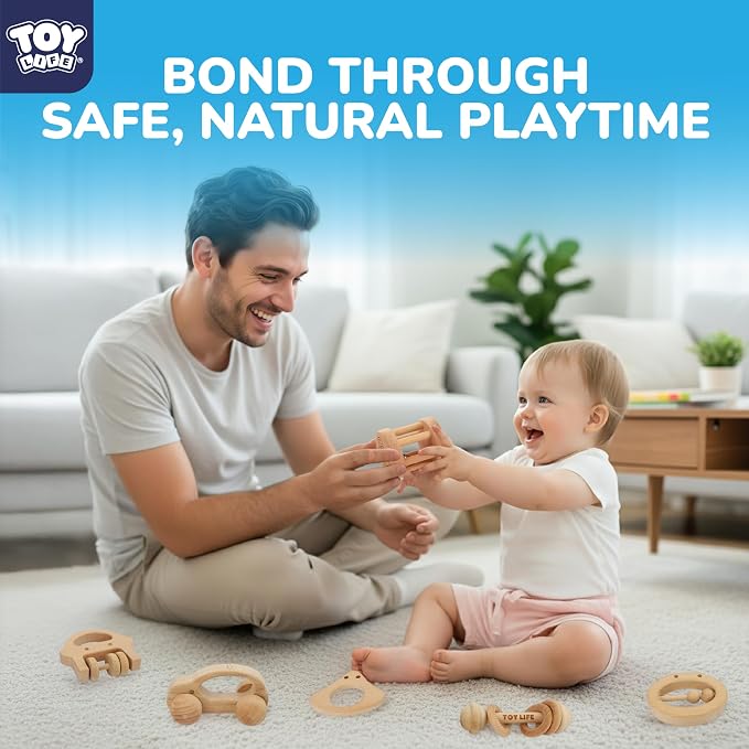 TOY Life Wooden Toys Cars, Montessori Baby Toys 6-12 Months, Wooden Baby Toys Rattle Cars for Toddlers 1-3, Baby Boy Nursery Decor, Montessori Toys for 1 Year Old Boy (6 PCS Rattle Set)