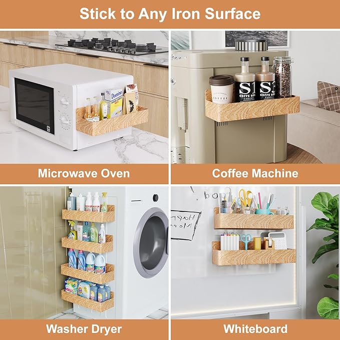 Magnetic Spice Rack for Refrigerator, Kitchen Organizer and Storage Shelf, Woodgrain (4 Pack)…