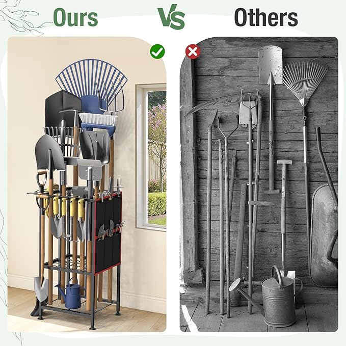 Garden Tool Organizer,Metal Yard Tool Organizer ,Holds 50 Long-Handled Tools/Rakes/Brooms,Side Garden Pocket ,Heavy Duty Steel Yard Tool Storage Rack for Garage,Shed, Outdoor
