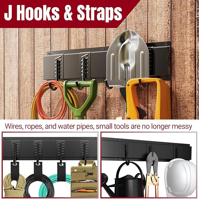 Garage Tool Organizer Wall Mount-66 Inch Heavy Duty Tool Storage Rack with 12 Hooks & 4 Storage Straps, Space Saving Wall Hanger for Garden & Shed Tools, Fits 16" Wall Studs