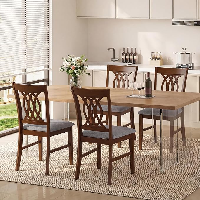 Giantex Upholstered Dining Chairs Set of 4, Farmhouse Fabric Side Chairs w/Cushioned Seats, Patterned Backrests, Sturdy Rubber Wood Frames, Wooden Accent Chairs for Kitchen, Dining Room