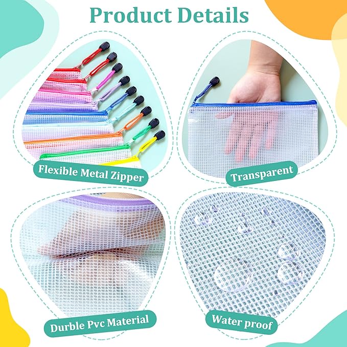 9pcs Mesh Zipper Pouch Bags, B4 Sizes Zipper Pouch, Mesh Bags With Zipper, Plastic Zipper Pouches, 9 Colors Zipper Pouches for Organizing, Board Game Storage, Travel, School Office organize