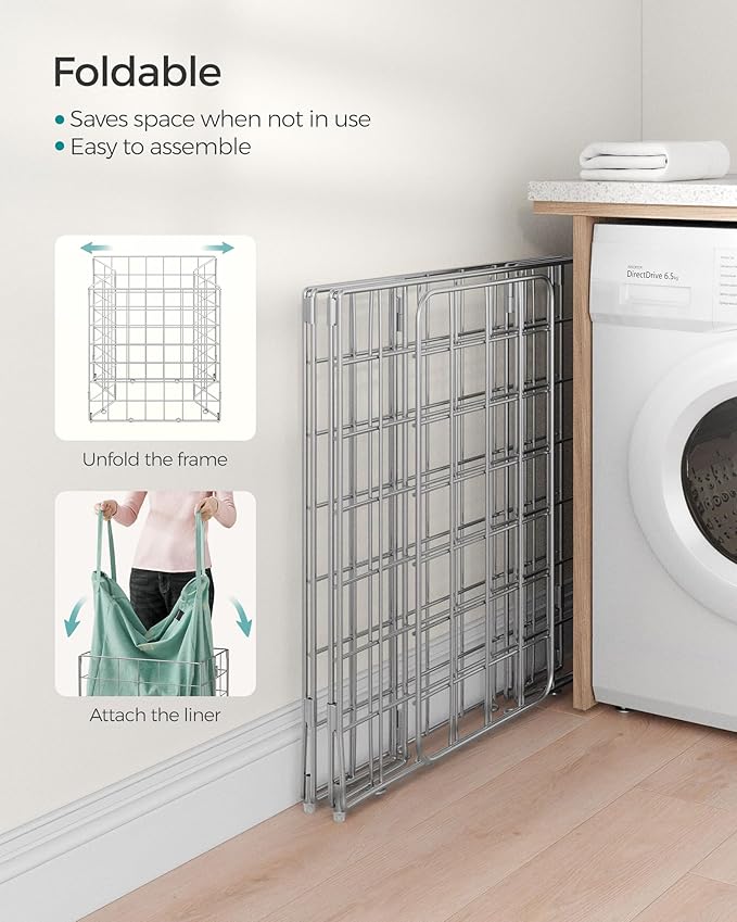 SONGMICS Laundry Hamper, 23.8 Gal. (90L) Laundry Basket, Collapsible Clothes Hamper, Removable and Washable Liner, Metal Wire Frame, for Bedroom Bathroom, Silver and Mint Green ULCB190C01