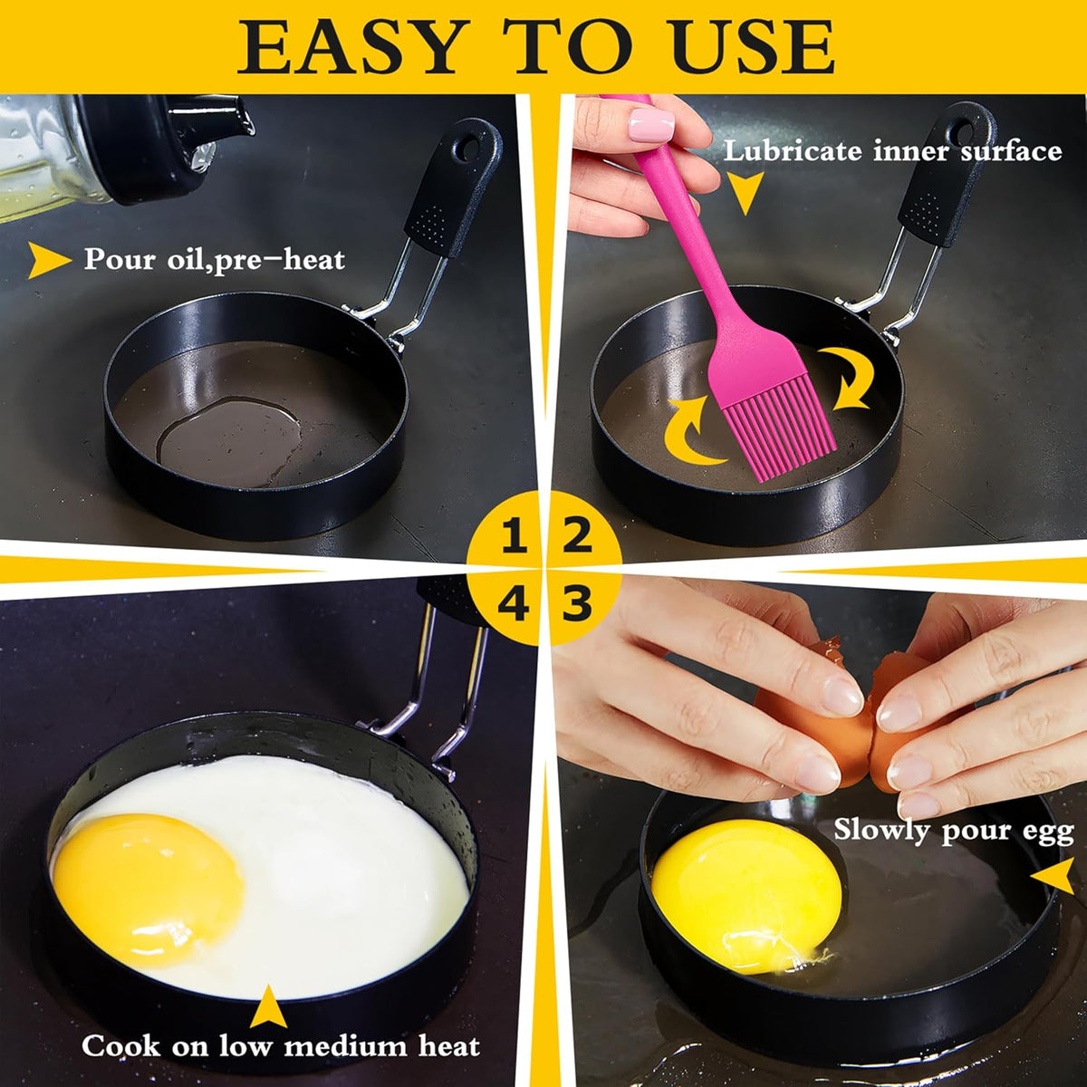2 packs 3.5'' Egg Rings Set with Silicone Handle, Stainless Steel Egg Cooking Rings,Nonstick,For Frying Eggs and Egg Mcmuffins, Egg Mold For Breakfast