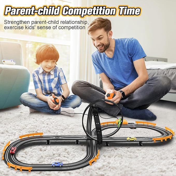 Slot-Car-Race-Track-Sets for Boys Kids, Battery or Electric Race Car Track with 4 High-Speed Slot Cars, Dual Racing Game 2 Hand Controllers Circular Overpass Track, Toys Gifts for 6-8 8-12 Boys Girls