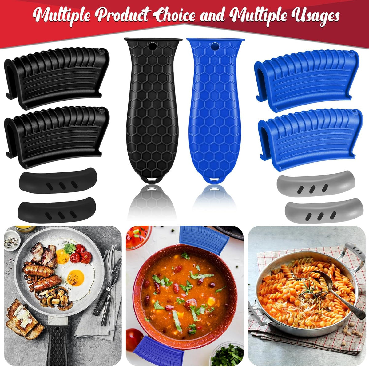 5 Pcs Cast Iron Handle Cover, Silicone Hot Handle Holder, Heat Resistant Cast Iron Skillet Handle Covers Potholder for Frying Pans and Griddles Kitchen Supplies