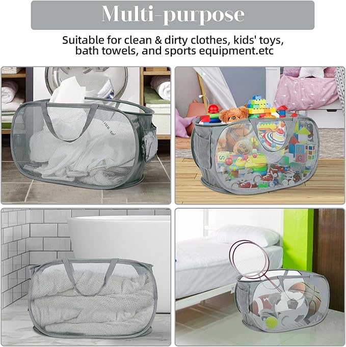 Durable Collapsible Laundry Baskets, Mesh Pop Up Laundry Hamper with Side Pocket, Foldable Clothes Hamper with Reinforced Carry Handles for Laundry, Bathroom, Kids Room, Dorm or Travel 2 Pack Grey