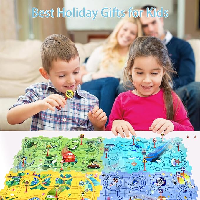 4 Year Old Boy Birthday Gift, Puzzle Racer Kids Car Track Set Puzzle Racer Car Track Set with Roadmap Puzzle Track Car Play Set Toys for 4 Year Old Boys (B-Dinosaur, set2-15PCS)