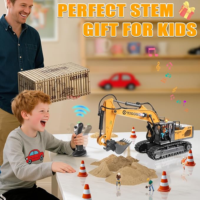 Remote Control Excavator for Boy 6 7 8 9 Years Old, 2.4 GHz Gravity Controlled Excavator Toys with Lights Sound, Rechargeable 11 CH RC Construction Vehicles Metal Shovel, Gifts for Kids 6-12 Year Old