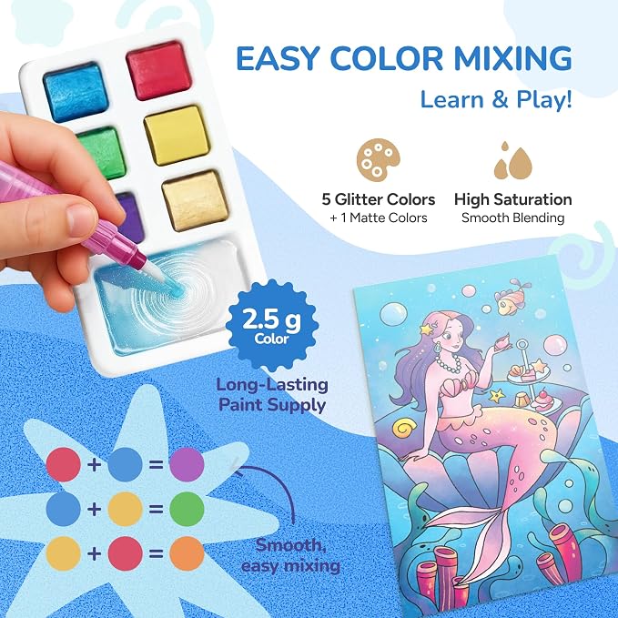 JoyCat 3 Pack Pocket Paint with Water Coloring Books for Kids, Art & Craft Activity Toy Set, Creative Travel & Home Painting Kit, Gifts for Girls & Boys Ages 3-8 (3 Pack - Magical Pony & Ocean Princess & Animals)