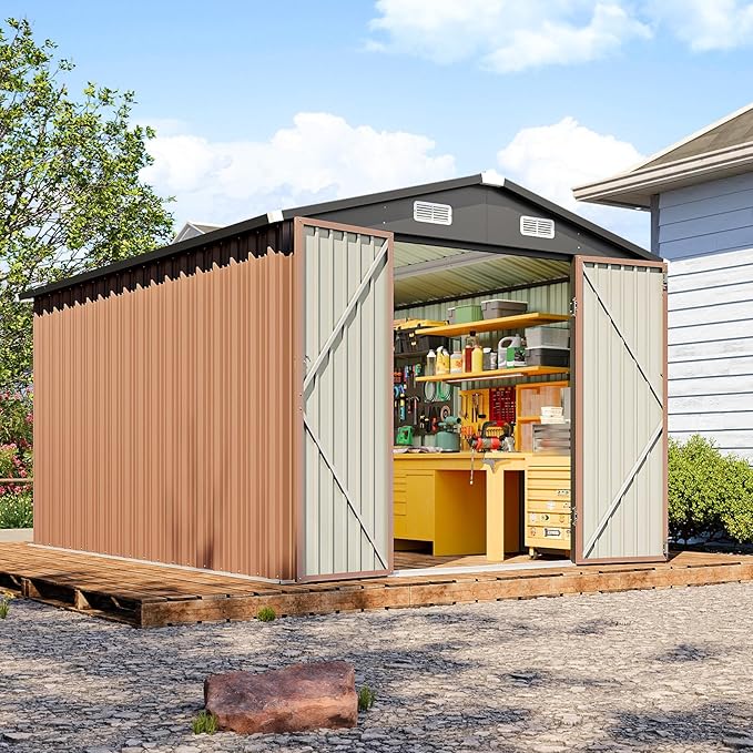 8x12 FT Outdoor Storage Shed, Utility Steel Tool Shed with Lockable Door and Air Vents, Galvanized Metal Shed for Garden Backyard Patio Lawn (8'x12', Brown)