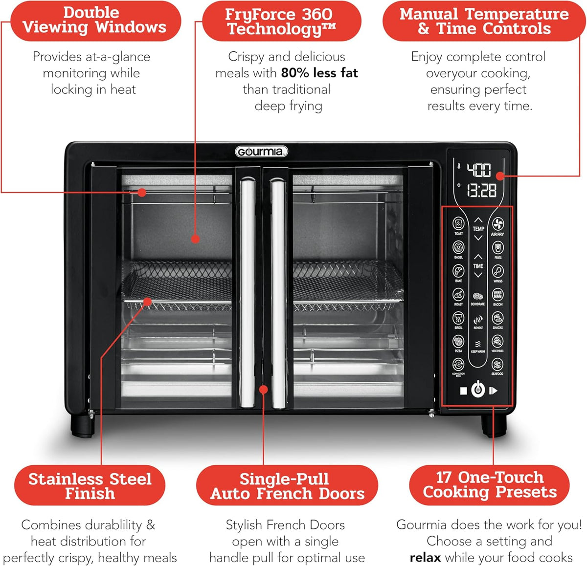 Gourmia Toaster Oven Air Fryer Combo 17 cooking presets 1700W french door digital air fryer oven 24L capacity accessories, convection rack, baking pan tray recipe book GTF7460,Large,Black