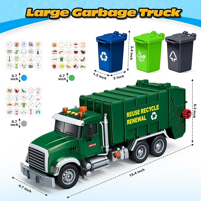 SpringFlower Toy for 3 4 5 6 7 Years Old Boy,15" Large Garbage Truck Toys for Kids,Friction Powered Garbage Truck with Sound and Light, Trash Bins,Learning Cards,Birthday Gifts for Boys & Girls