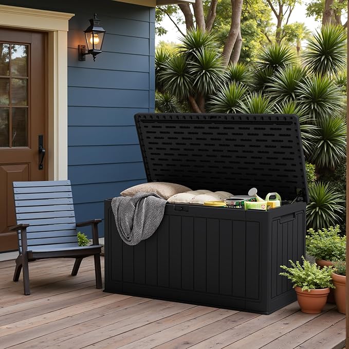 JUMMICO 160 Gallon Resin Outdoor Storage Deck Box with Divider, Waterproof Storage Box&Bench with Lockable Lid for Garden Tools, Pools Supplies (Black)