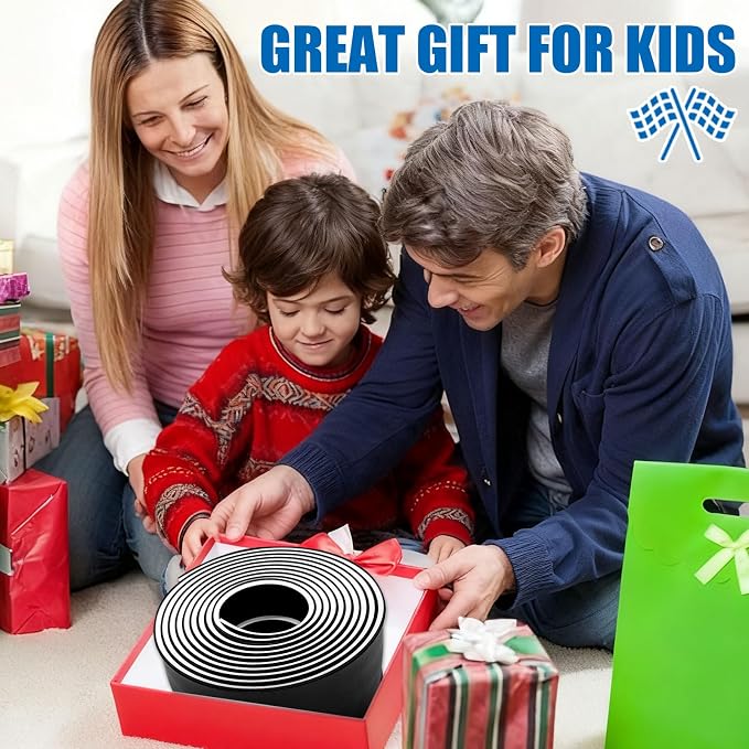 Flexible Race Track Toys for Kids, 15 Ft Double Lane Racetrack with 4 Cars & Suction Cups, Compatible with Hot Wheels & 1/64 Diecast Cars, Portable Roll Up Car Ramp Track Set for Ages 3+(White&Black)