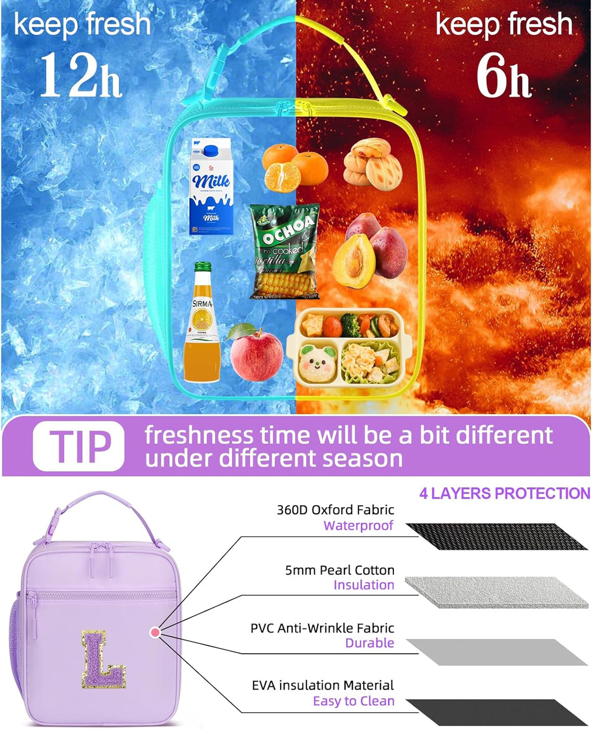 Initial Insulated Lunch Bag for Girls Kids, Back to School Gift, Reusable Leak-proof Lunch Box with Adjustable Strap for School Daycare Travel Picnic (Purple,L)