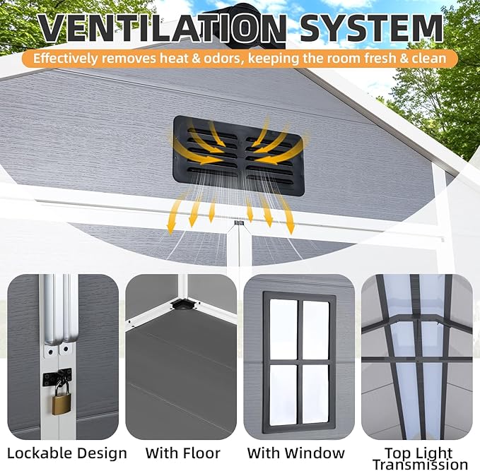 MELLCOM 8 x 12 FT Resin Outdoor Storage Shed with Floor, Outdoor Storage Tool Shed with Windows and Lockable Door, Resin Garden Shed for Garbage Can, Lawnmower, Bike