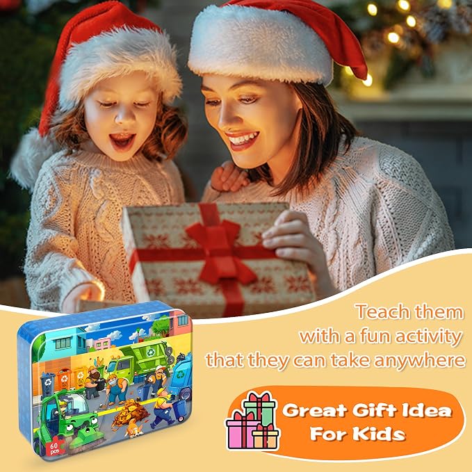 LELEMON Ocean Puzzles for Kids Ages 4-6,Recycling Garbage Truck 60 Piece Puzzles for Kids Ages 4-8,Children Jigsaw Puzzles in a Metal Box,Educational Learning Puzzle Toys for Girls and Boys
