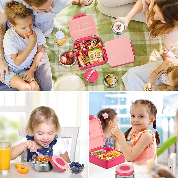 Bento Lunch Box Set for Kids with 8oz Soup Thermo, Leak-Proof Lunch Containers with 4 Compartment, Kids Thermo Hot Food Jar and Insulated Lunch Bag for Kid to School-Pink