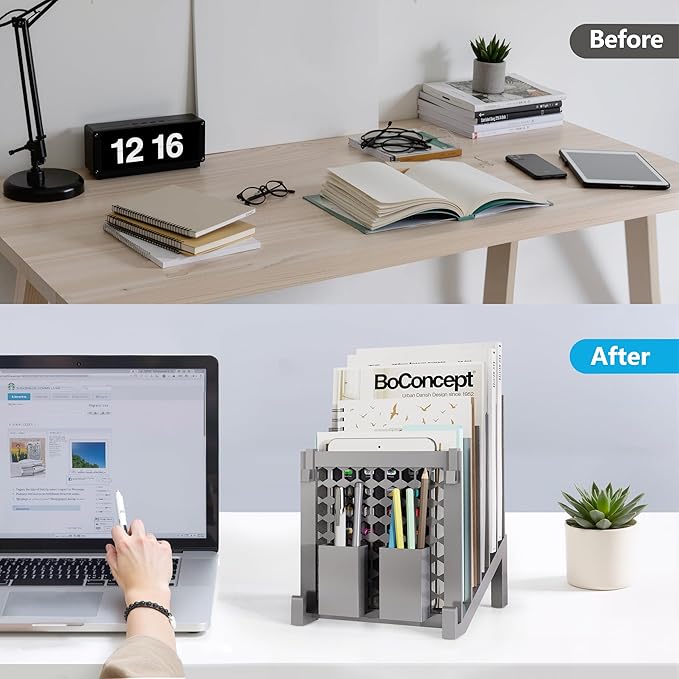 File Organizer for Desk with Storage Box & Hook, Inclined File Organizer with 5-Section Vertical File Holder suitable for Home Office Document Organization (Desk Gray)