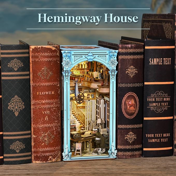 MiniCity Book Nook Kit, DIY Dollhouse Booknook, Book Nook Miniature Kit for Bookshelf Insert Decor Crafts for Adults Teen Halloween, 3D Wooden Puzzle with Led Light (Hemingway House)