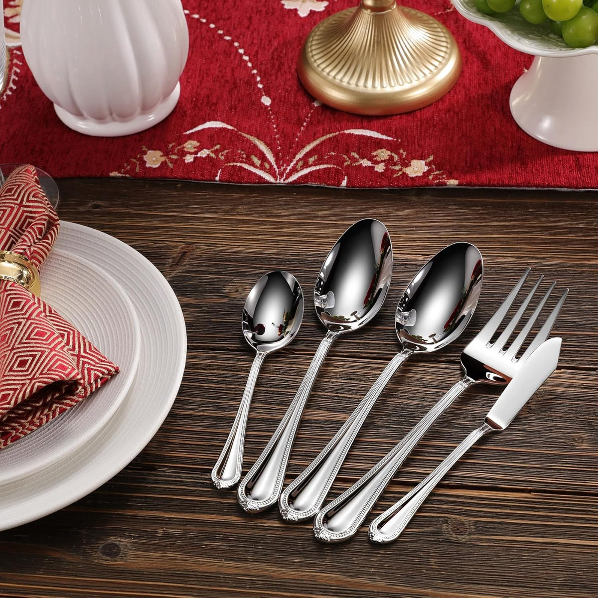 KEAWELL Pearl Edge Premium 65-Piece Refined Bead Silverware Set, 18/10 Stainless Steel, Service for 12, Fine Flatware Set with Serving Utensils, Dishwasher Safe (65, Silver)