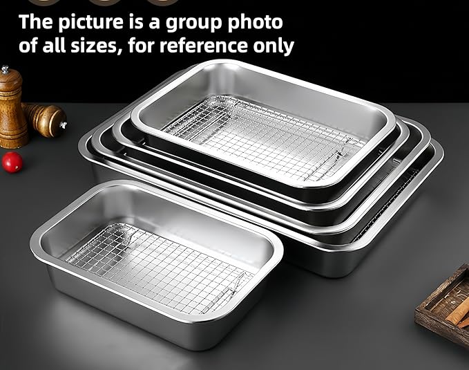 Stainless Steel Sturdy Roasting Pan with Cooling Rack – Oven, Toaster & Grill Safe, Deep Edge, Smooth Finish, Dishwasher Safe – Perfect for Turkey, Chicken, BBQ (12.4x8.5x2.8in)