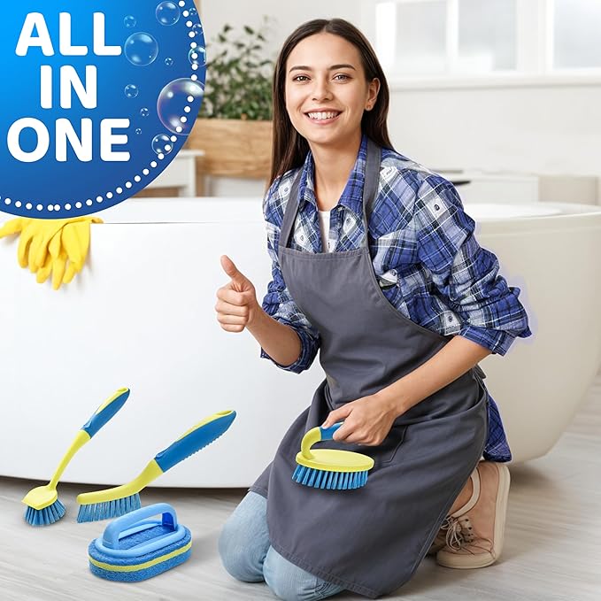 Scrub Brush Set for Bathroom Kitchen Bathtub Toilet Deep Cleaning Brush Tools All Purpose Cleaner Sponge Scrubbing Brushes with Ergonomic Handle, 4-Piece