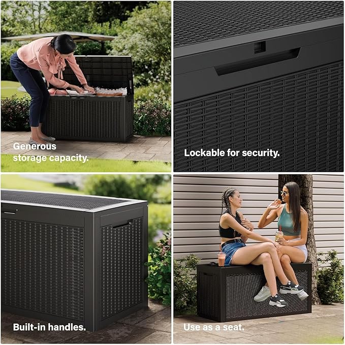 Outdoor Storage Box Waterproof, 180 Gallon Lockable Resin Deck Box Large Storage Bin for Patio Furniture Cushion, Garden Tools, Pool Accessories, UV-Resistant Outside Delivery, Black
